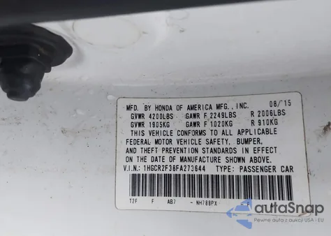 2015 Honda Accord Lx from USA, damaged, VIN 1HGCR2F38FA273644